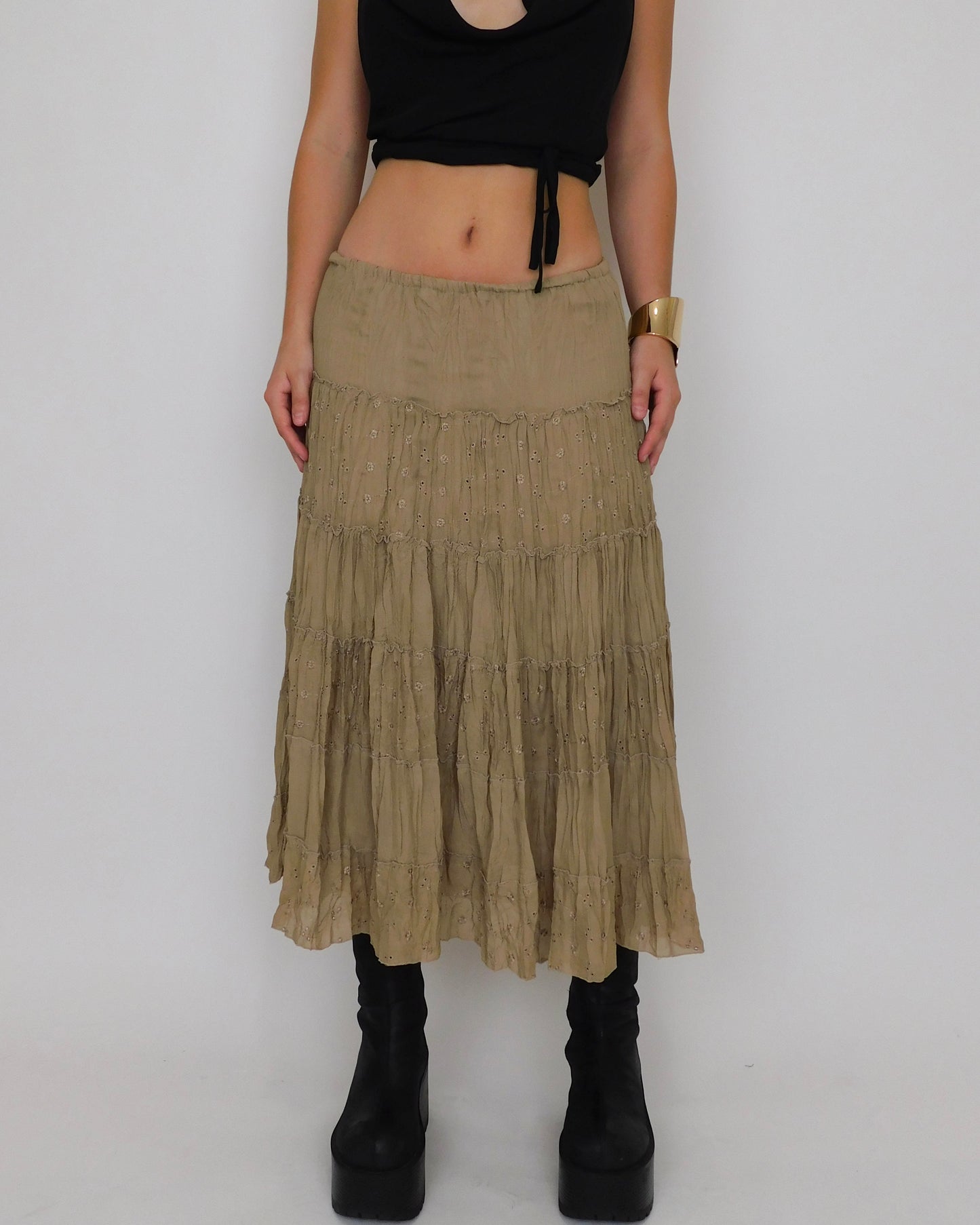 Y2K Tan Tiered Maxi Skirt | Size M