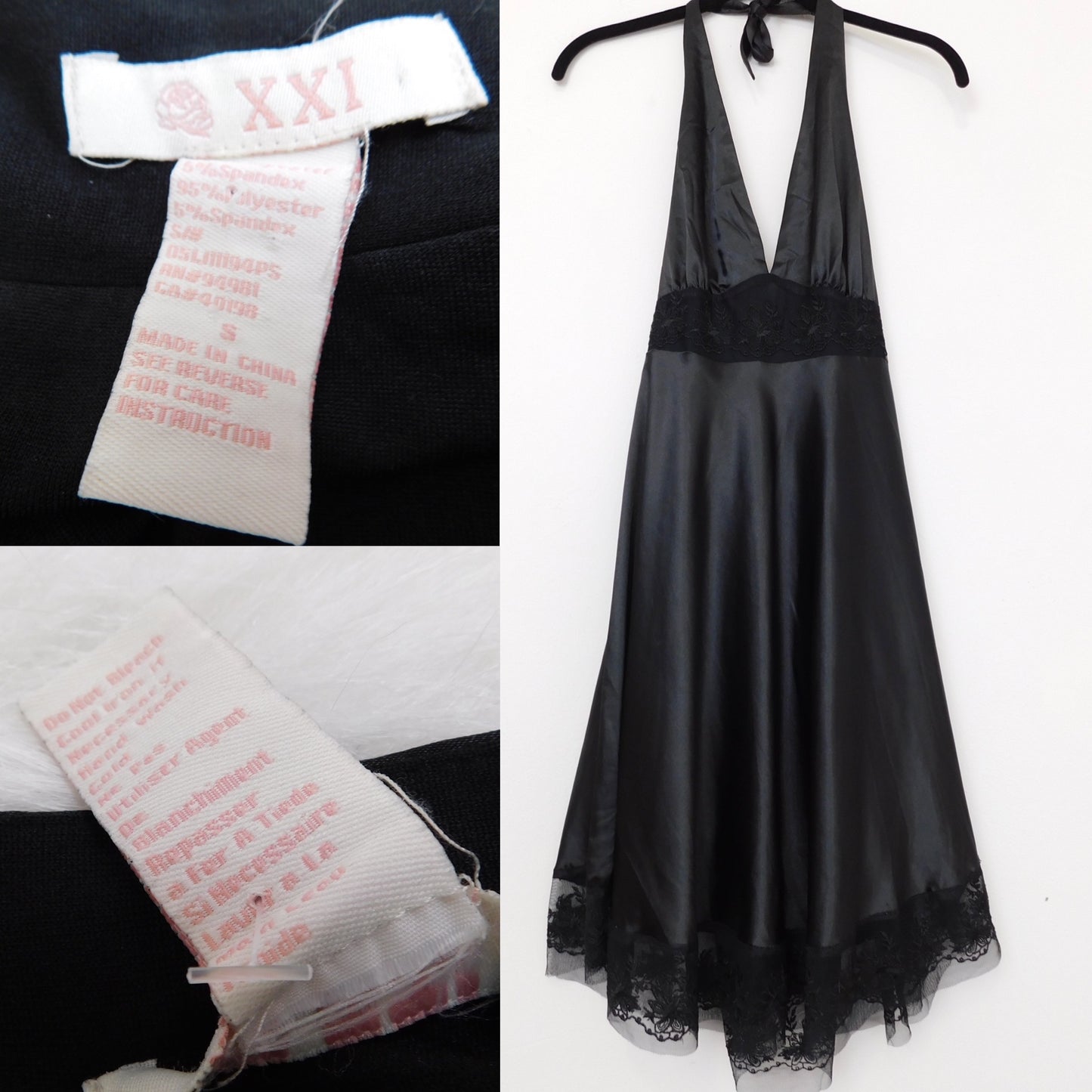 Y2K Black Satin Halter Dress | Size S