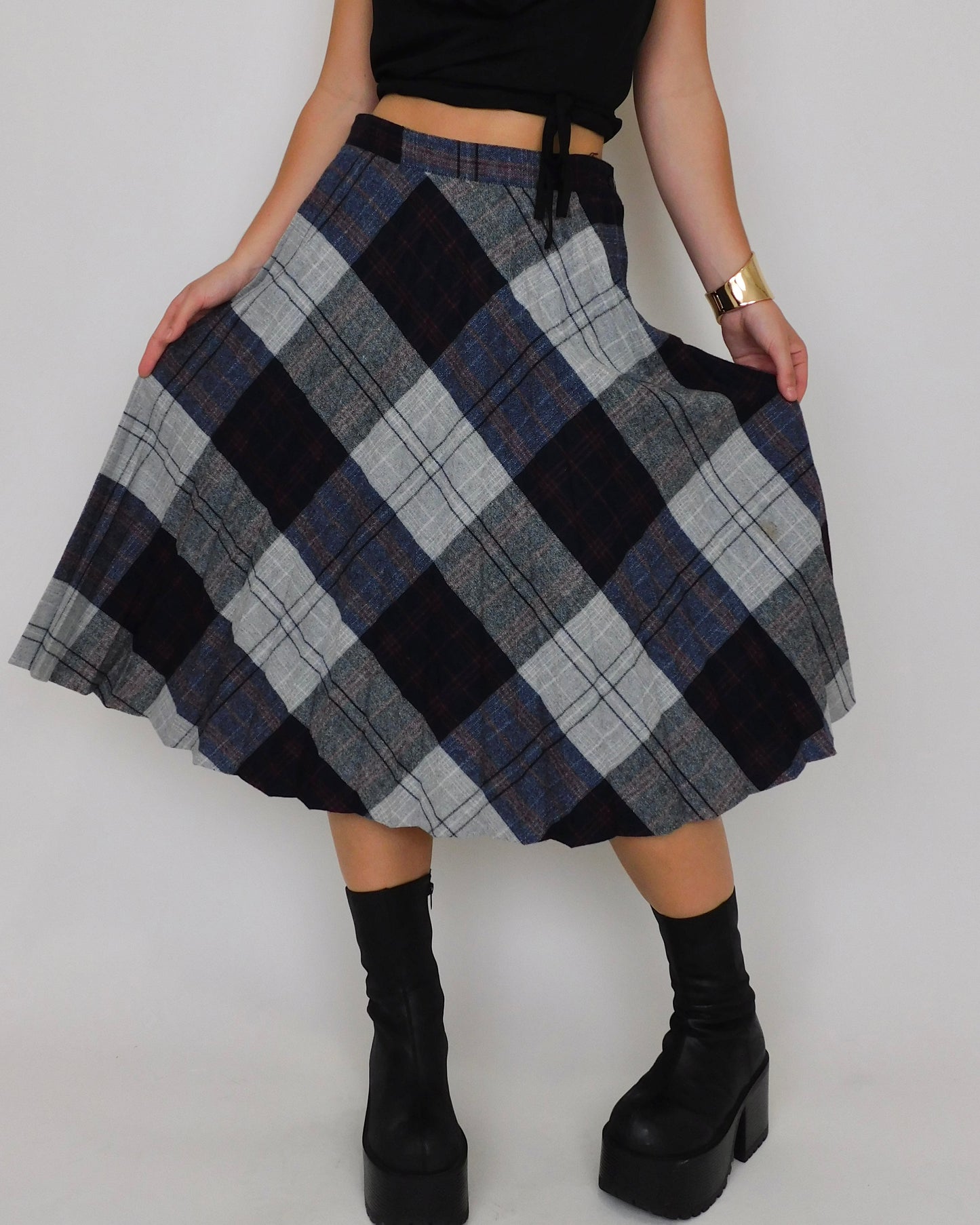 Vintage Navy Plaid Midi Skirt | 28” waist