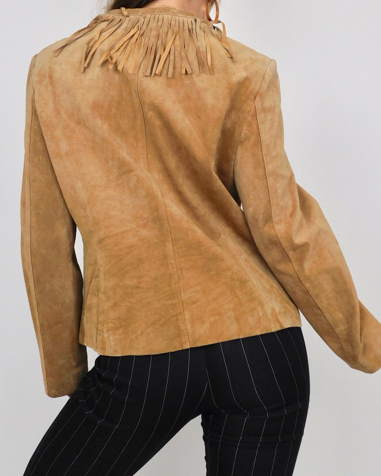 Brown Fringe Leather Jacket | Size XL