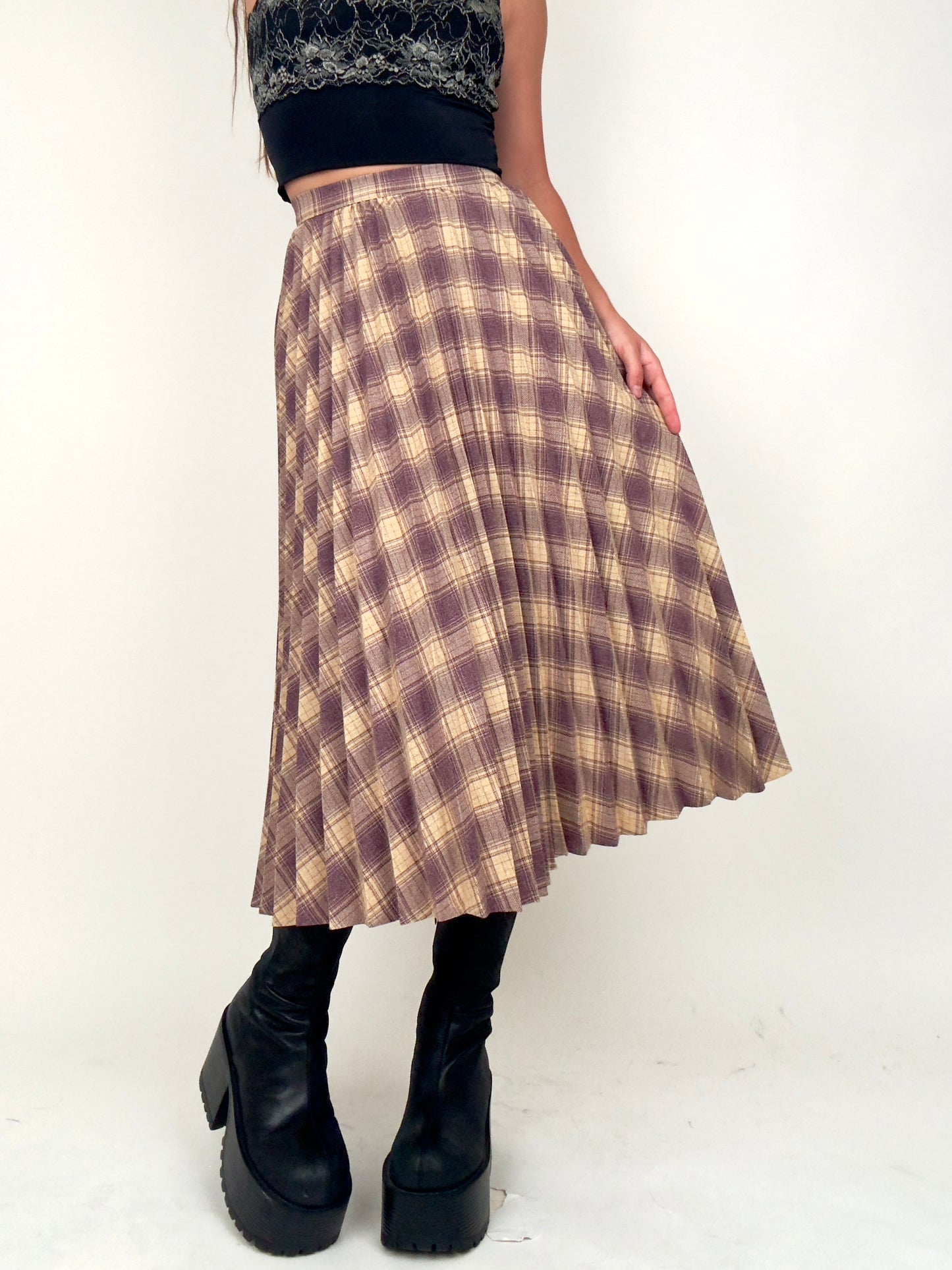 Pleated Plaid Midi | Size 24” waist