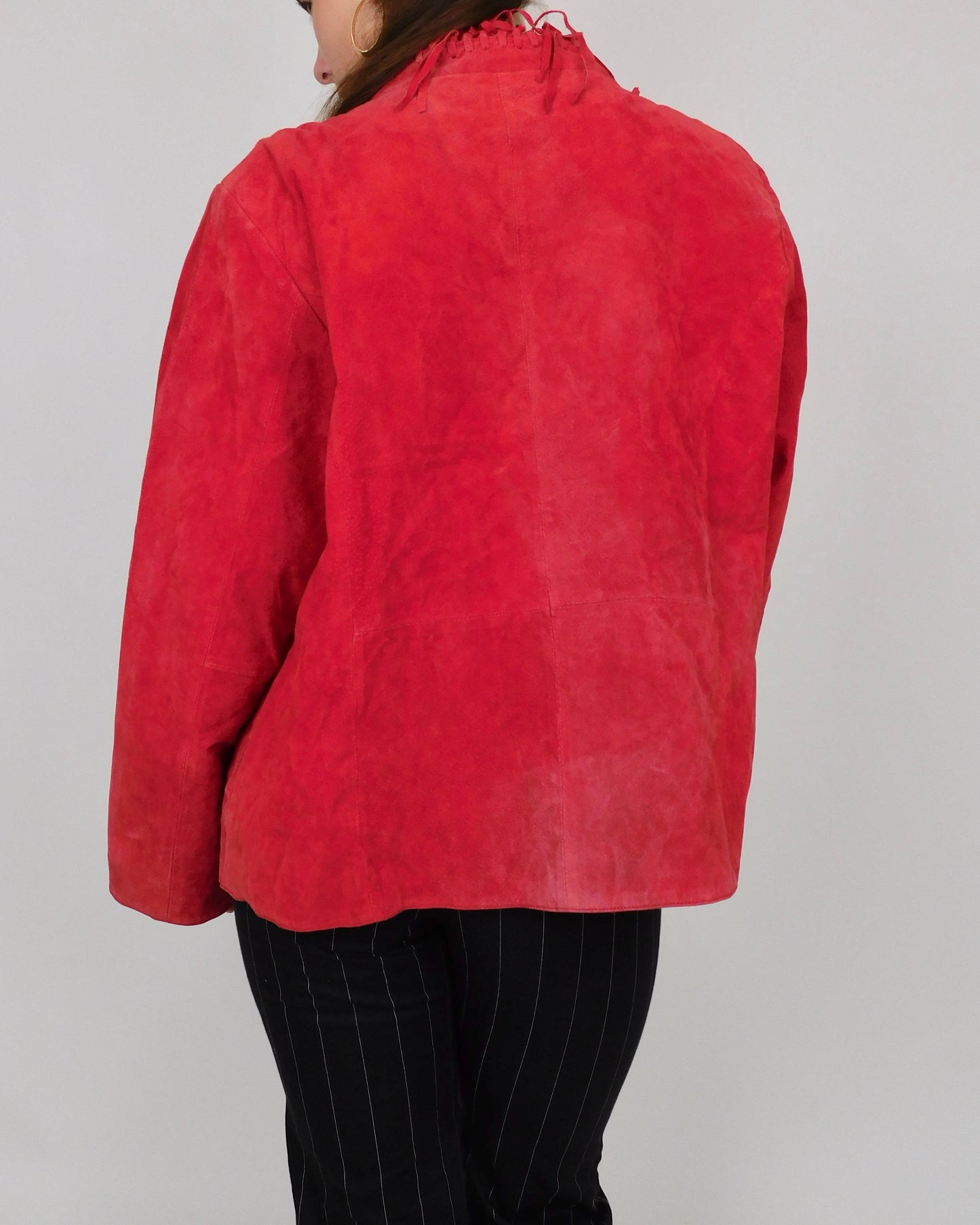 Red Fringe Leather Jacket | Size XL
