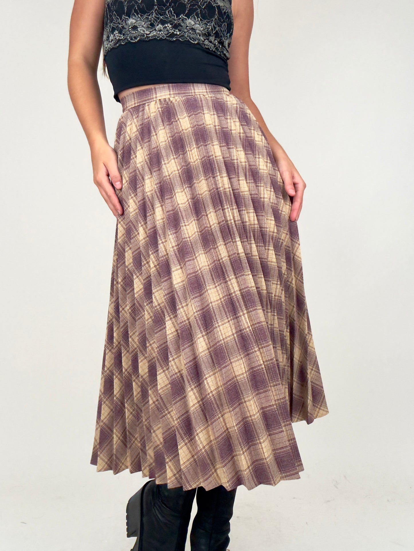 Pleated Plaid Midi | Size 24” waist