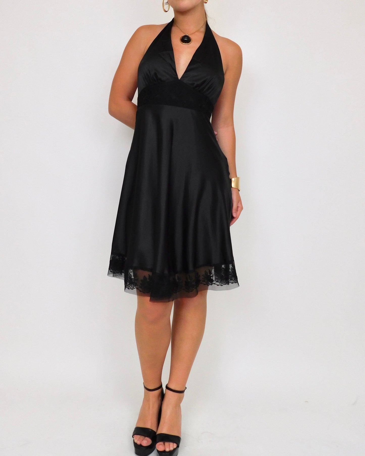 Y2K Black Satin Halter Dress | Size S