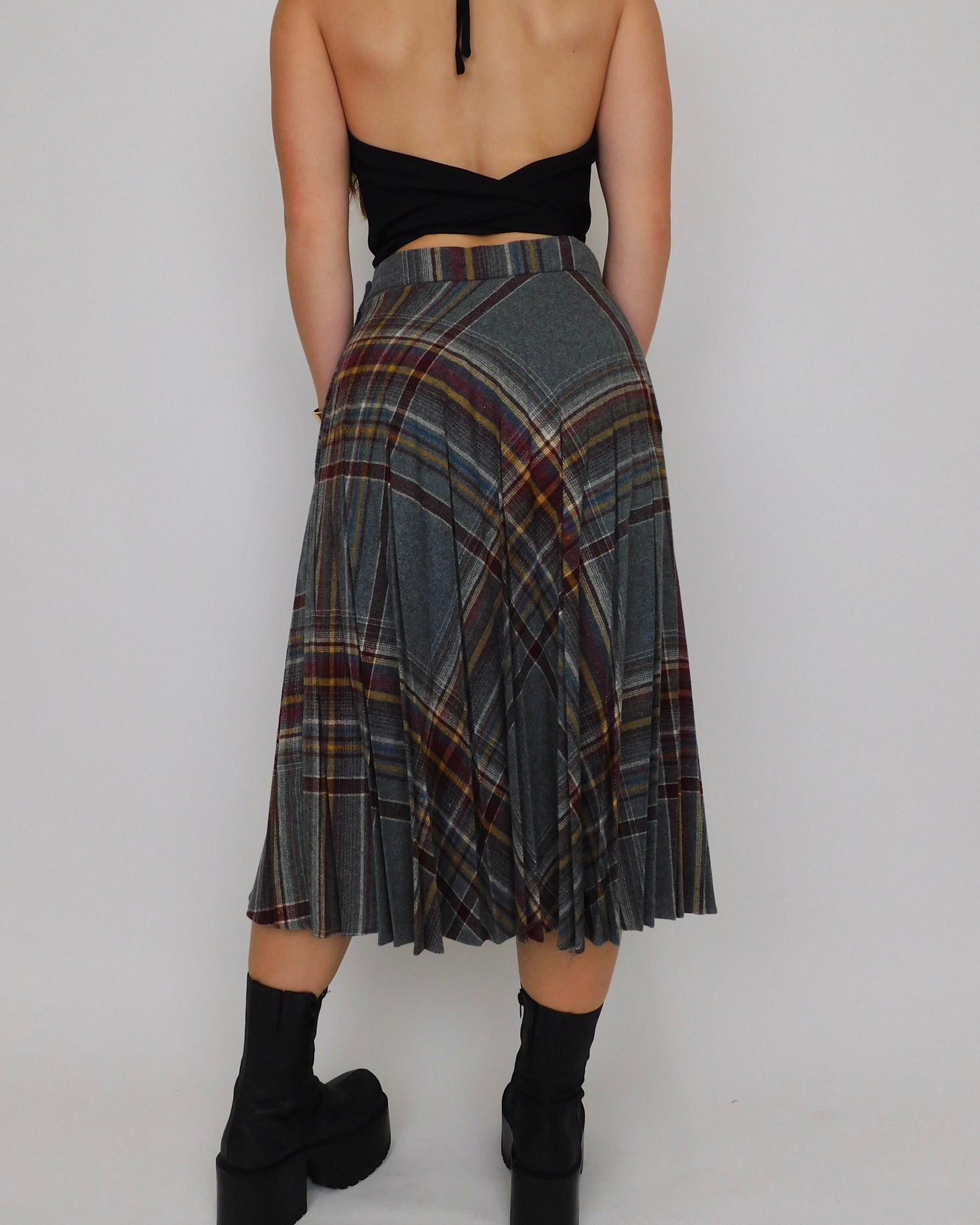 Vintage Burgundy Plaid Midi Skirt | 28” waist