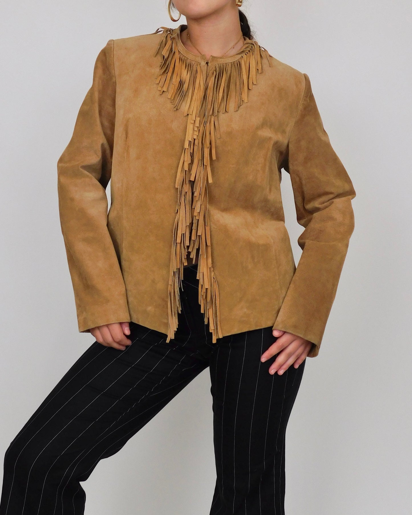 Brown Fringe Leather Jacket | Size XL