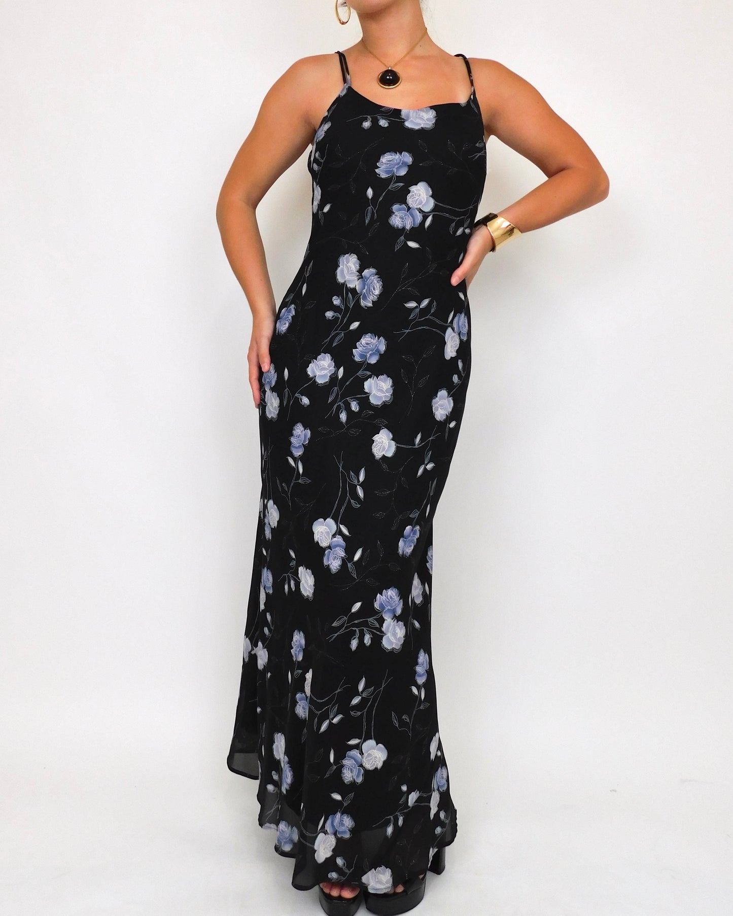 90’s Blue Floral Maxi Dress | Size 9/10