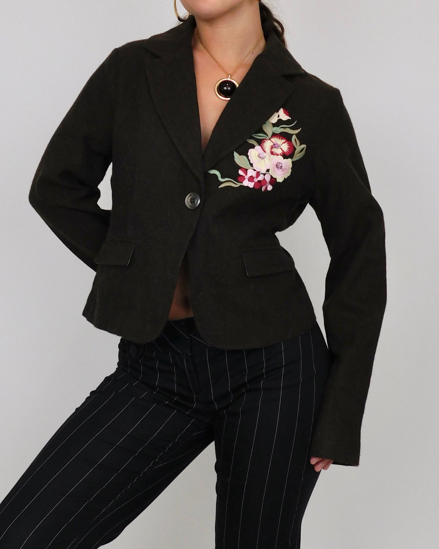 Y2K Brown Flower Blazer | Size L