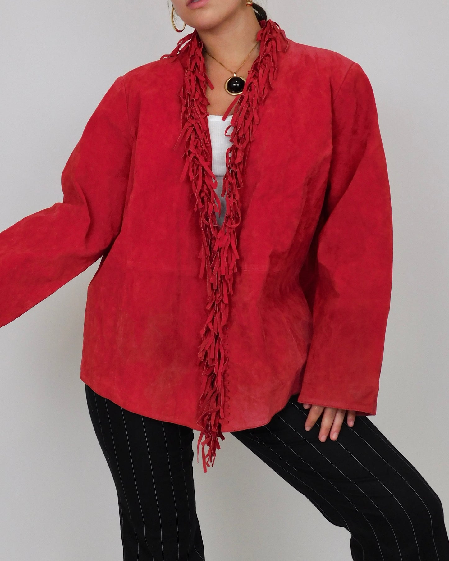 Red Fringe Leather Jacket | Size XL