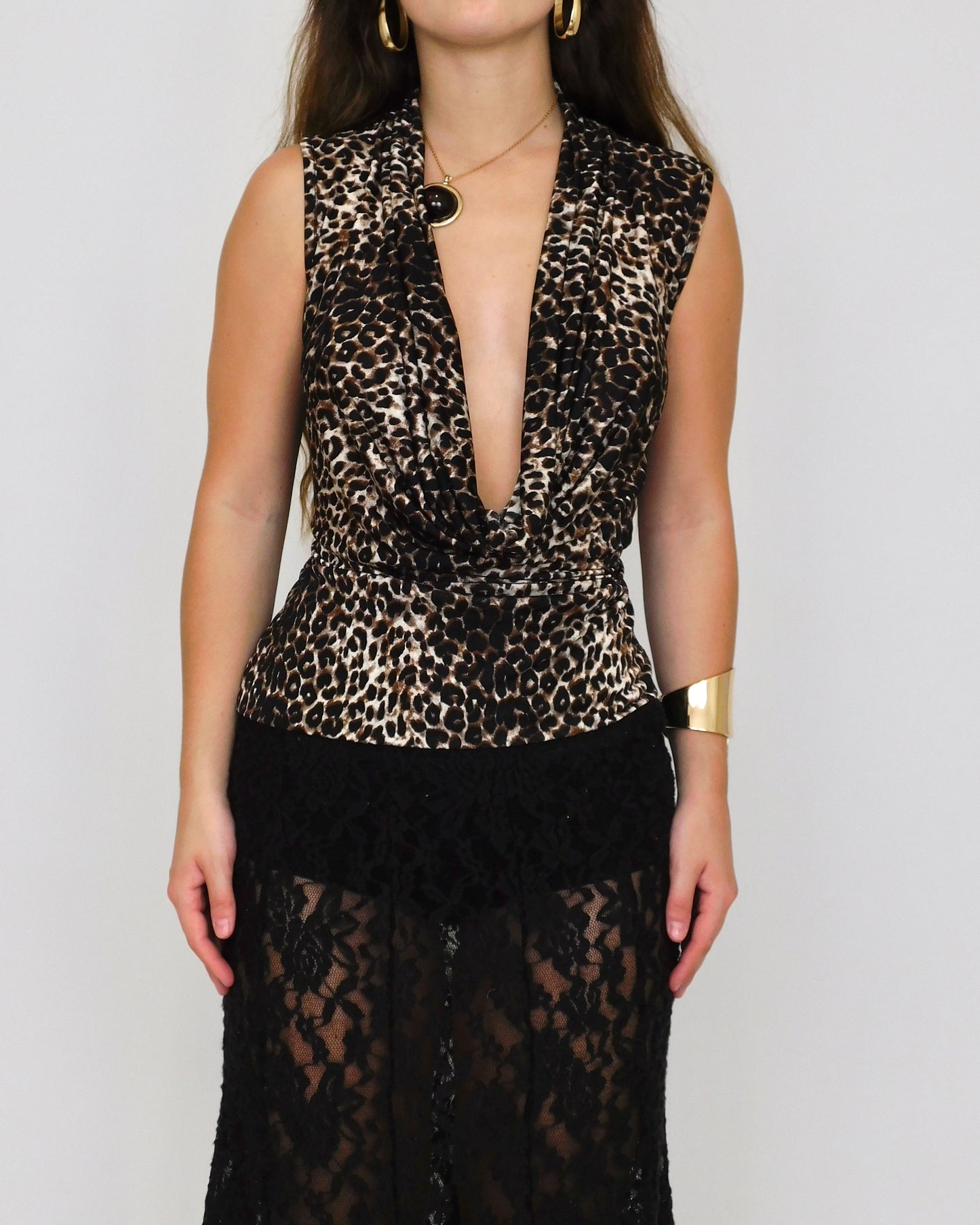 Y2K Leopard Plunge Blouse | Size M