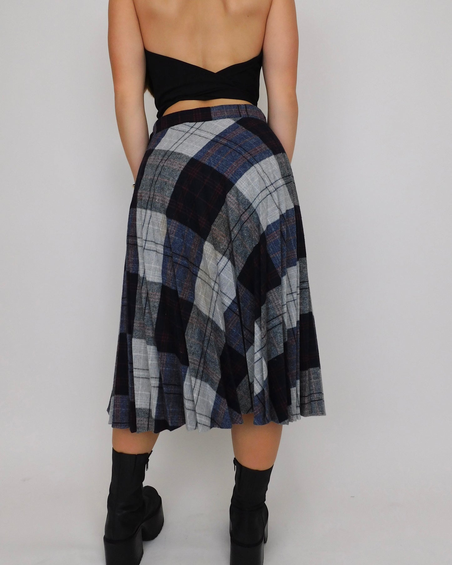 Vintage Navy Plaid Midi Skirt | 28” waist