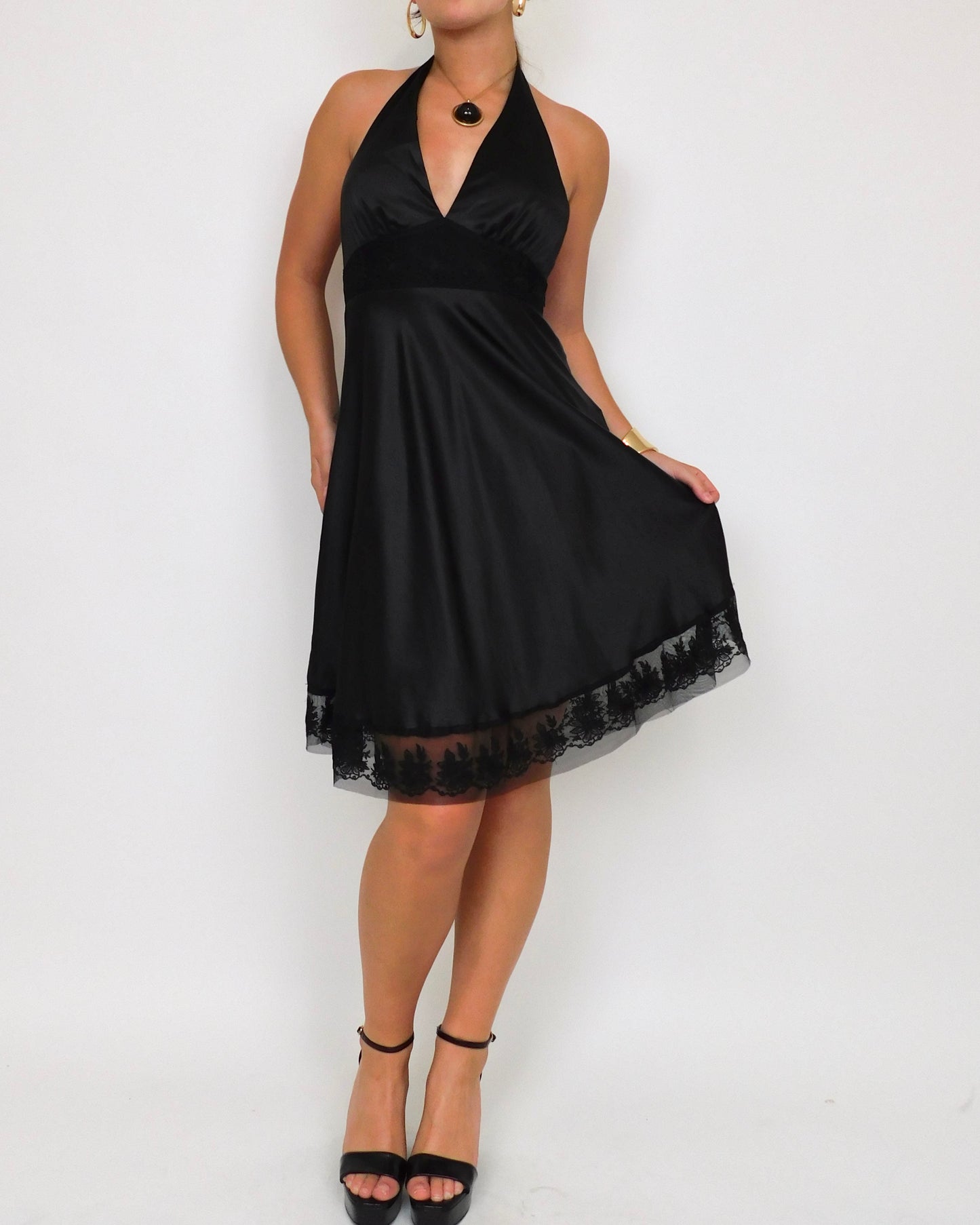 Y2K Black Satin Halter Dress | Size S