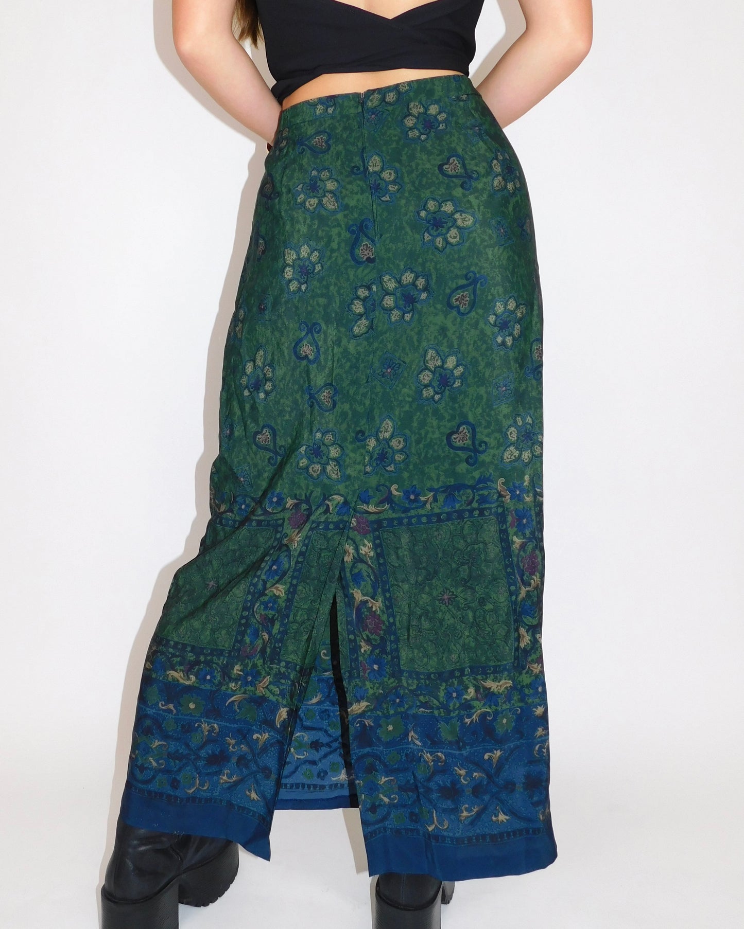 90’s Green Floral Maxi Skirt | Size M