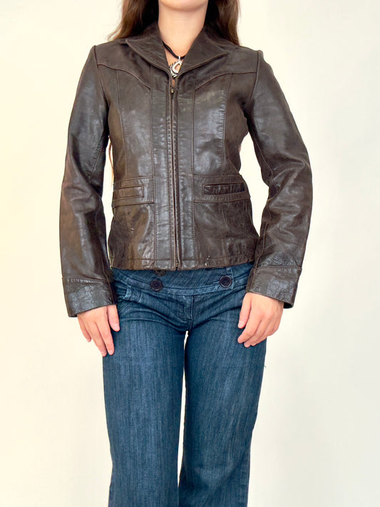 Brown Fitted Leather Jacket | Size XS