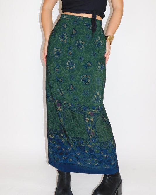 90’s Green Floral Maxi Skirt | Size M
