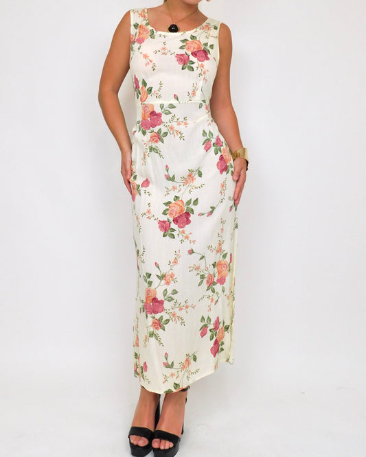 Vintage Cream Floral Maxi Dress | Size 8