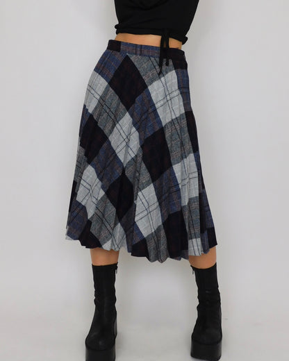 Vintage Navy Plaid Midi Skirt | 28” waist