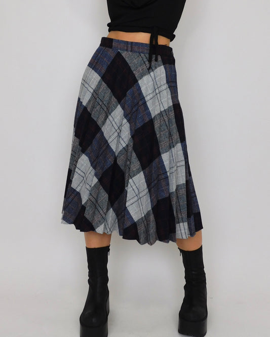 Vintage Navy Plaid Midi Skirt | 28” waist