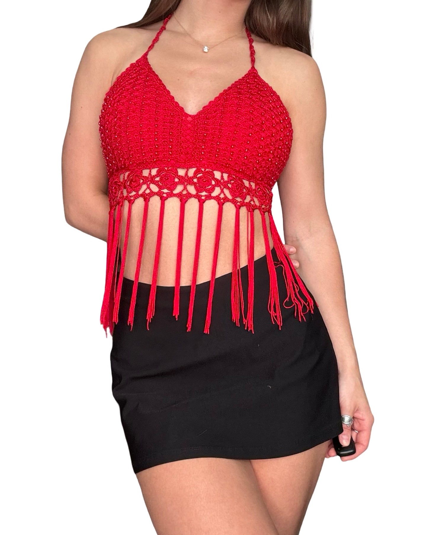 Red Crochet Fringe Top | Size S