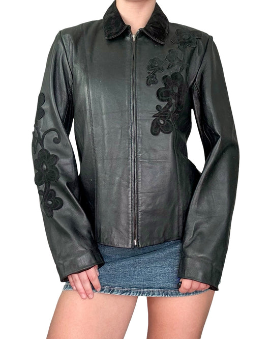 Flower Detail 90's Leather Jacket | Size M