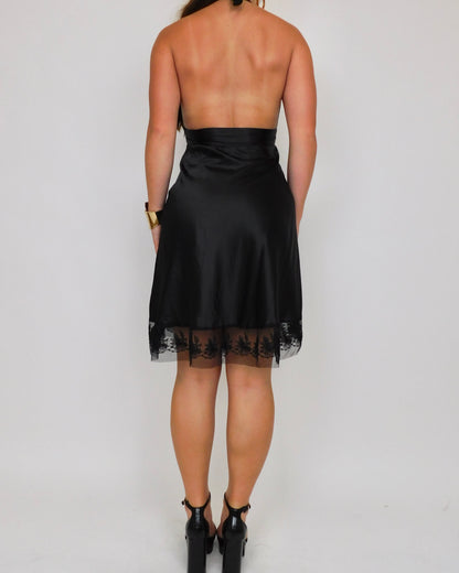 Y2K Black Satin Halter Dress | Size S