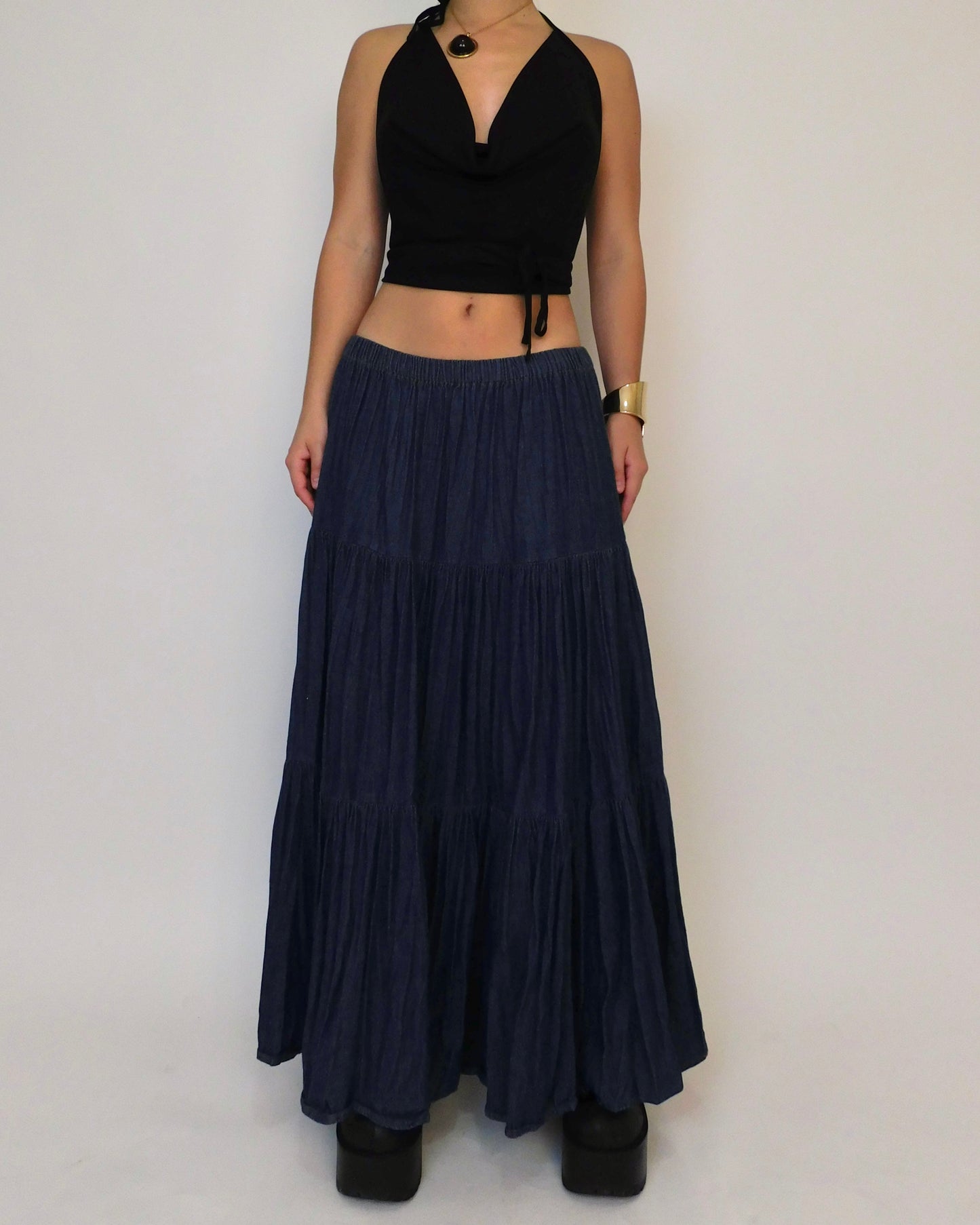 Vintage Tiered Denim Maxi Skirt | One Size