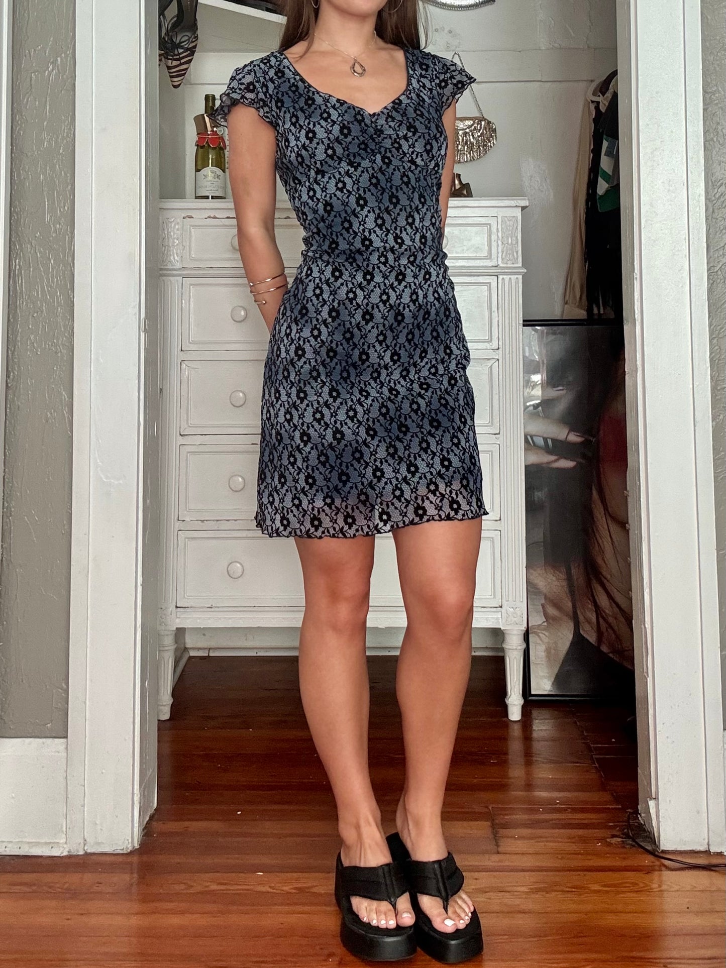 Mesh 90's Lace Print Dress | Size M