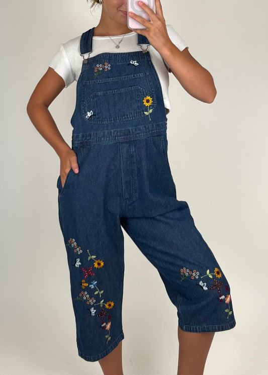 Floral Denim Overalls | Size M