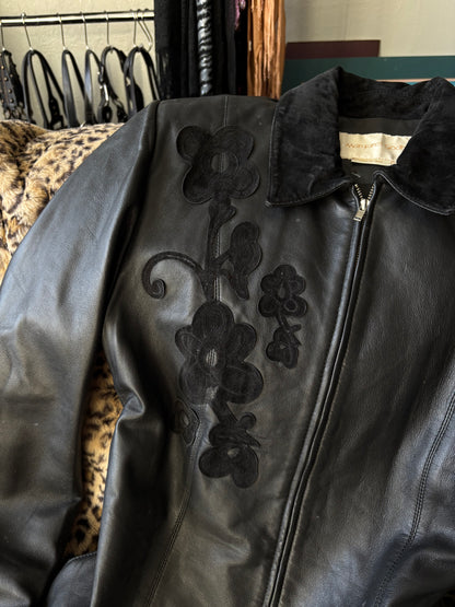 Flower Detail 90's Leather Jacket | Size M