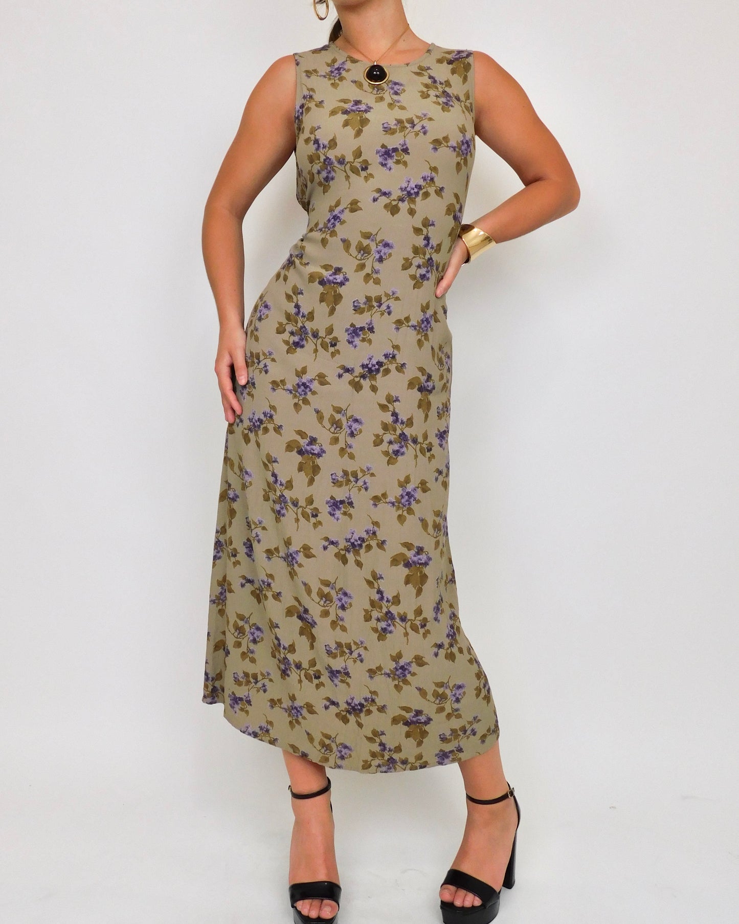 90’s Green Floral Maxi Dress | Size 10