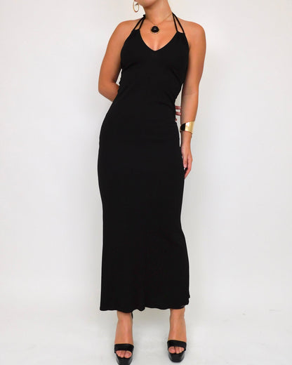 Y2K Black Halter Maxi Dress | Size XS