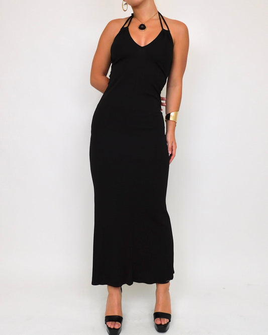 Y2K Black Halter Maxi Dress | Size XS