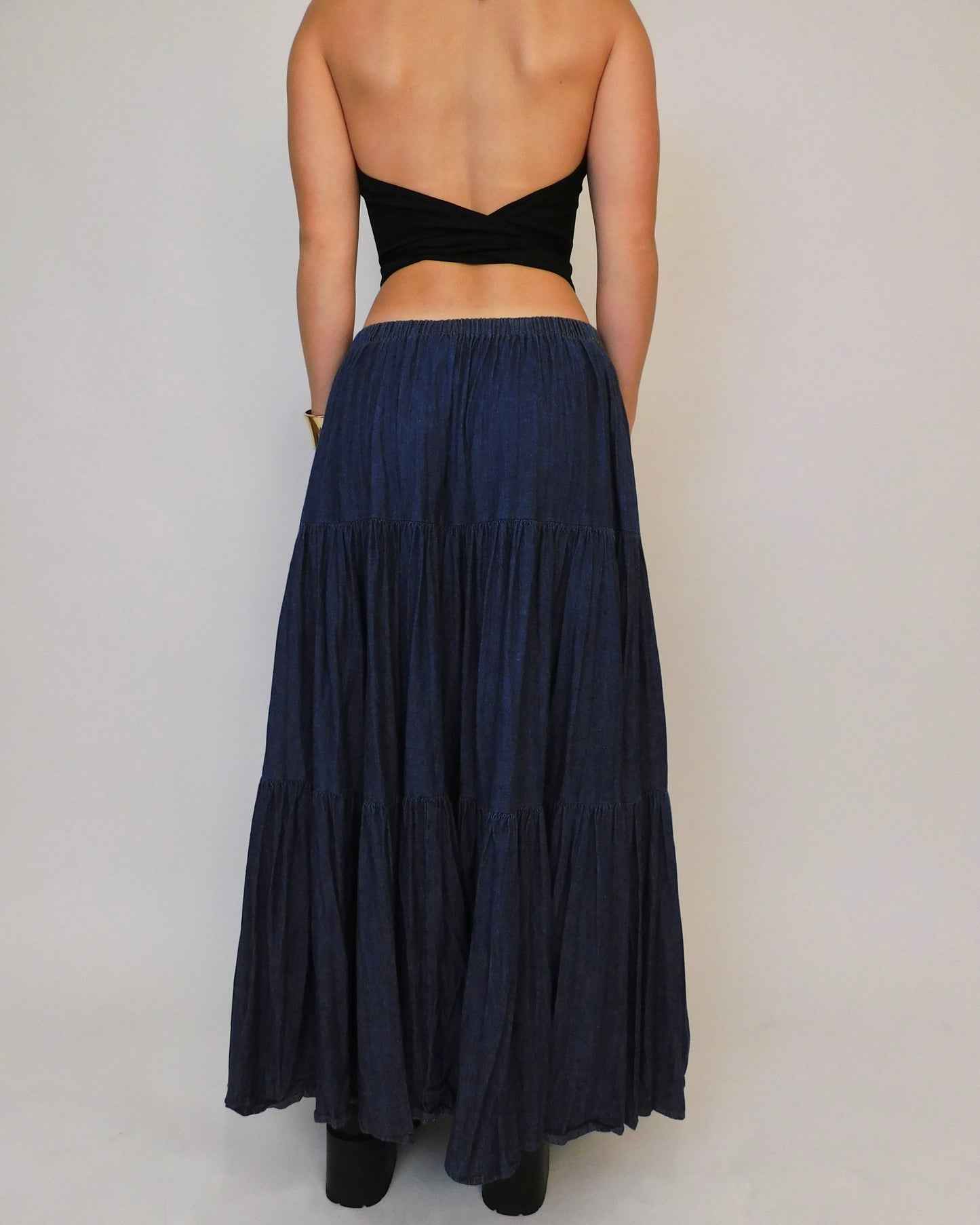 Vintage Tiered Denim Maxi Skirt | One Size
