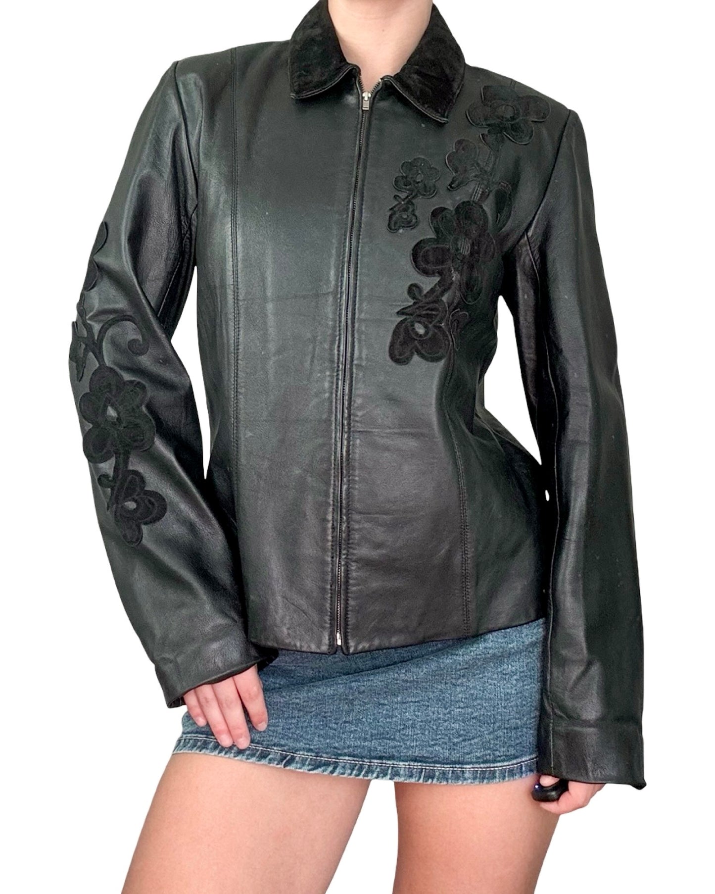 Flower Detail 90's Leather Jacket | Size M