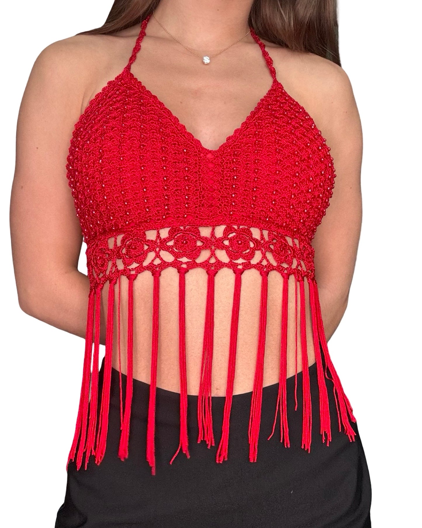 Red Crochet Fringe Top | Size S