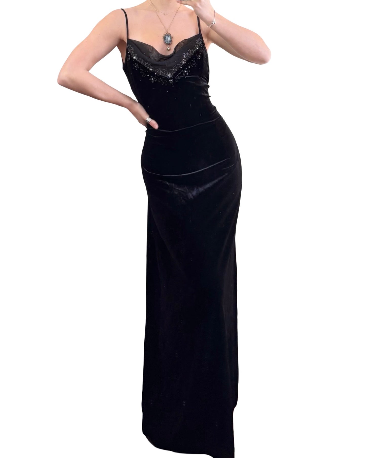Dave & Johnny 90's Velvet Drop Back Maxi Dress | Size L/XL