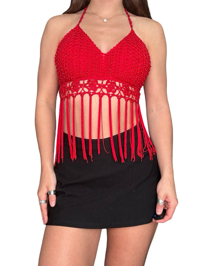 Red Crochet Fringe Top | Size S