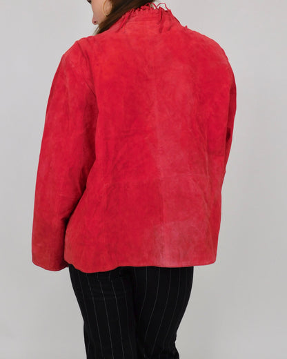 Red Fringe Leather Jacket | Size XL