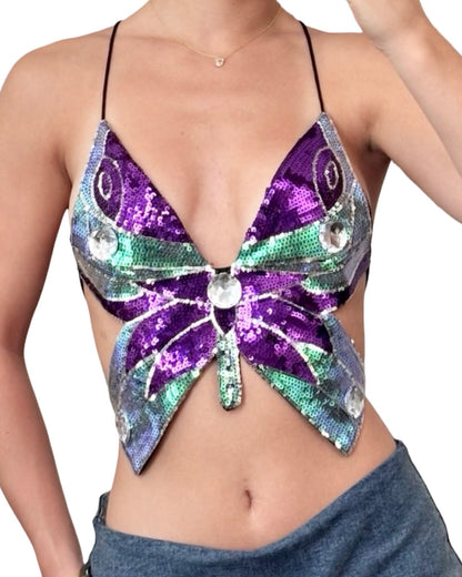 Sequin Butterfly Backless Top | Size S