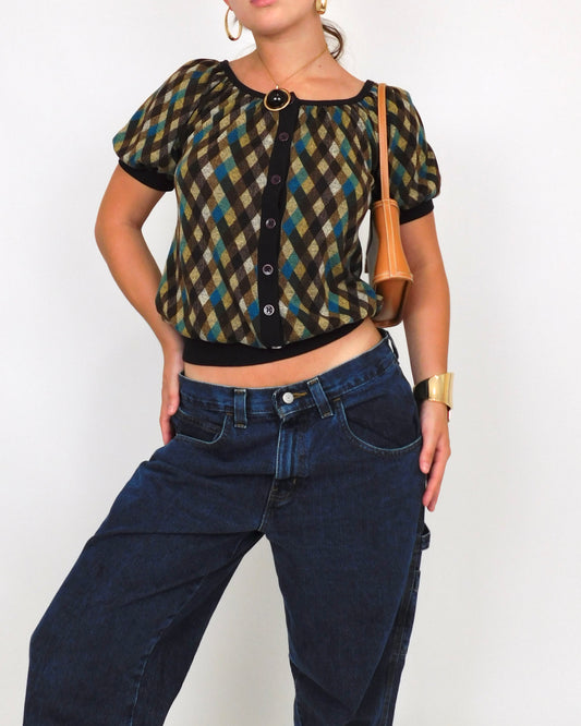 Y2K Plaid Knit Blouse | Size S