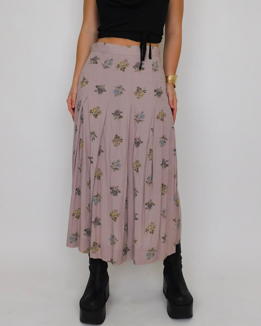 Vintage Floral Pleated Maxi Skirt | 28” Waist