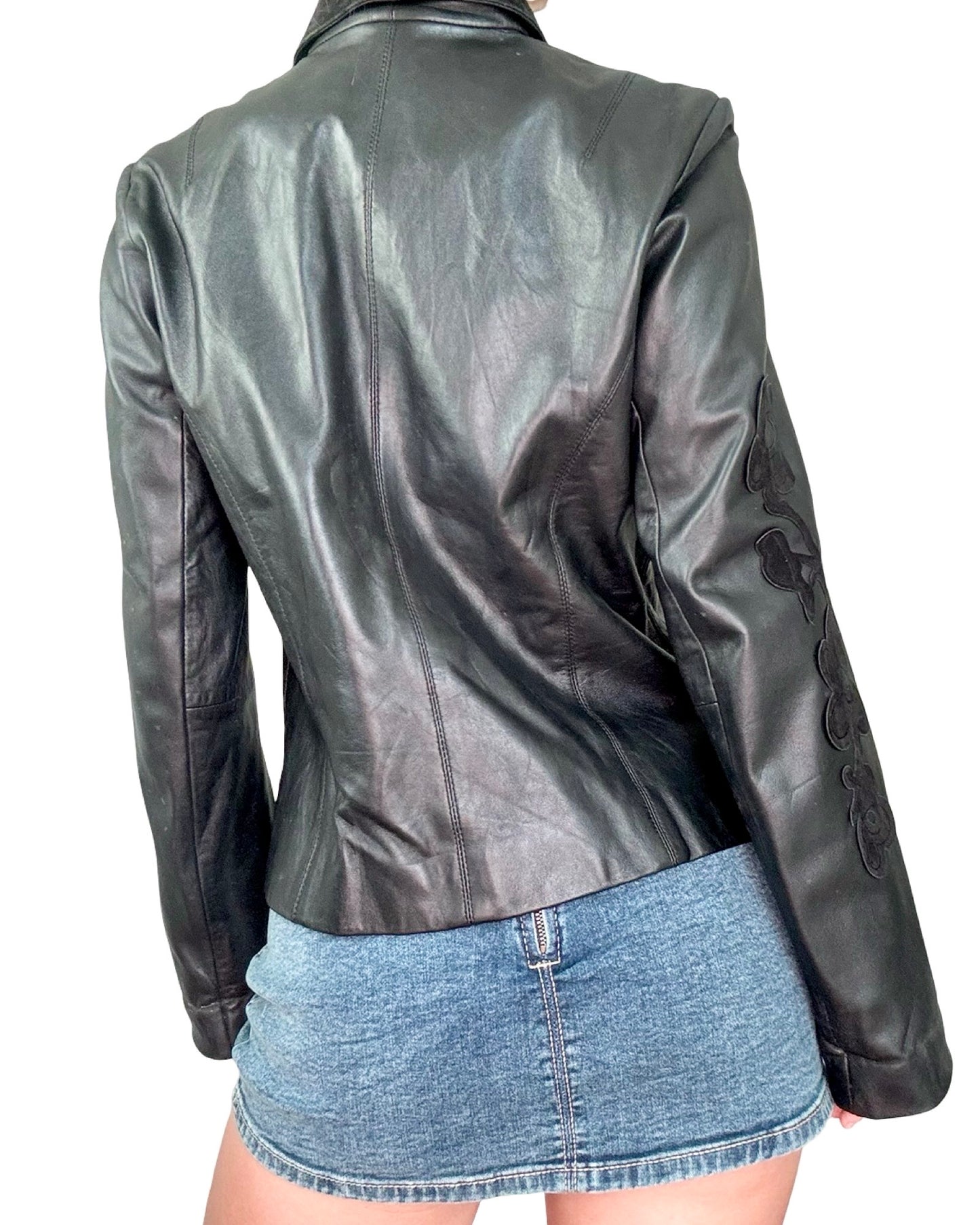 Flower Detail 90's Leather Jacket | Size M