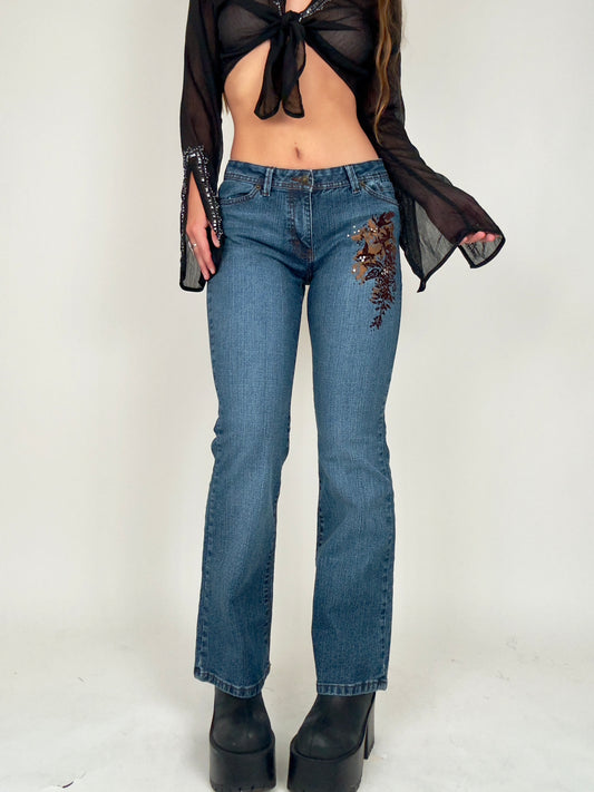 Brown Floral Detail Jeans | Size 27” waist