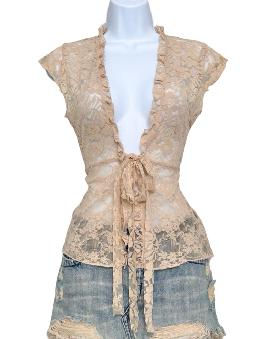 Lace 00's Mesh Tie Front Top | Size S