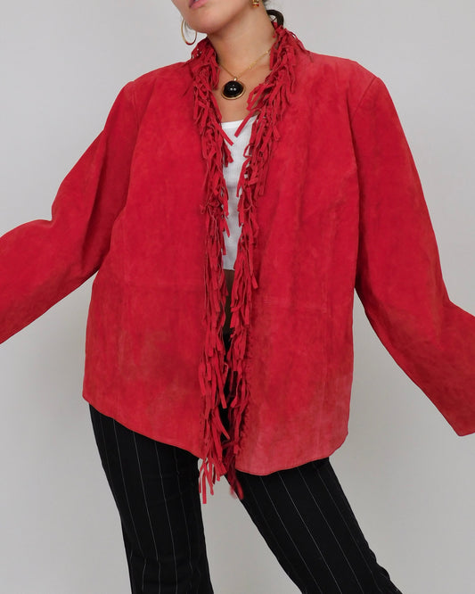 Red Fringe Leather Jacket | Size XL