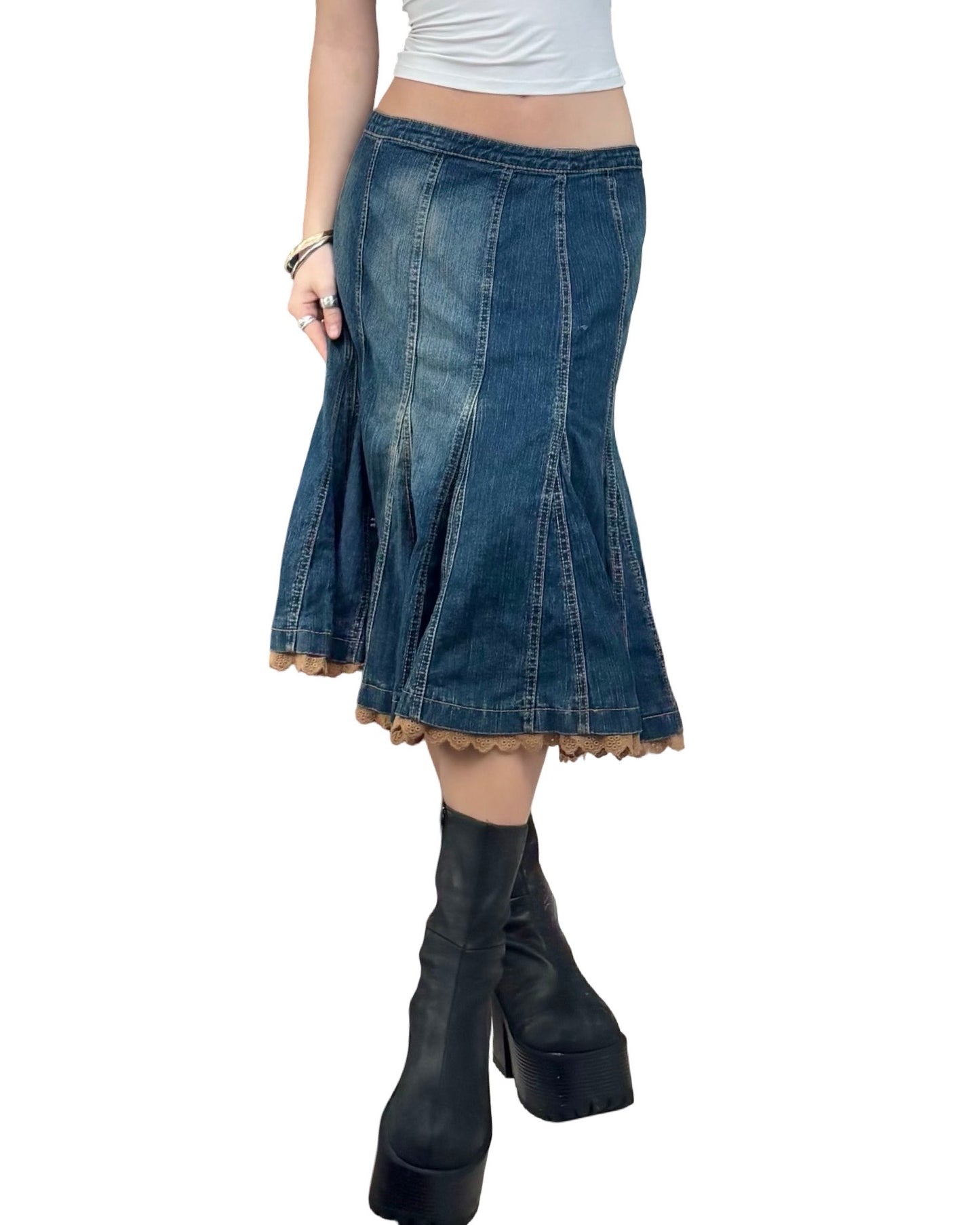 Kikit 00's Lace Hem Denim Midi Skirt | Size 31" Waist