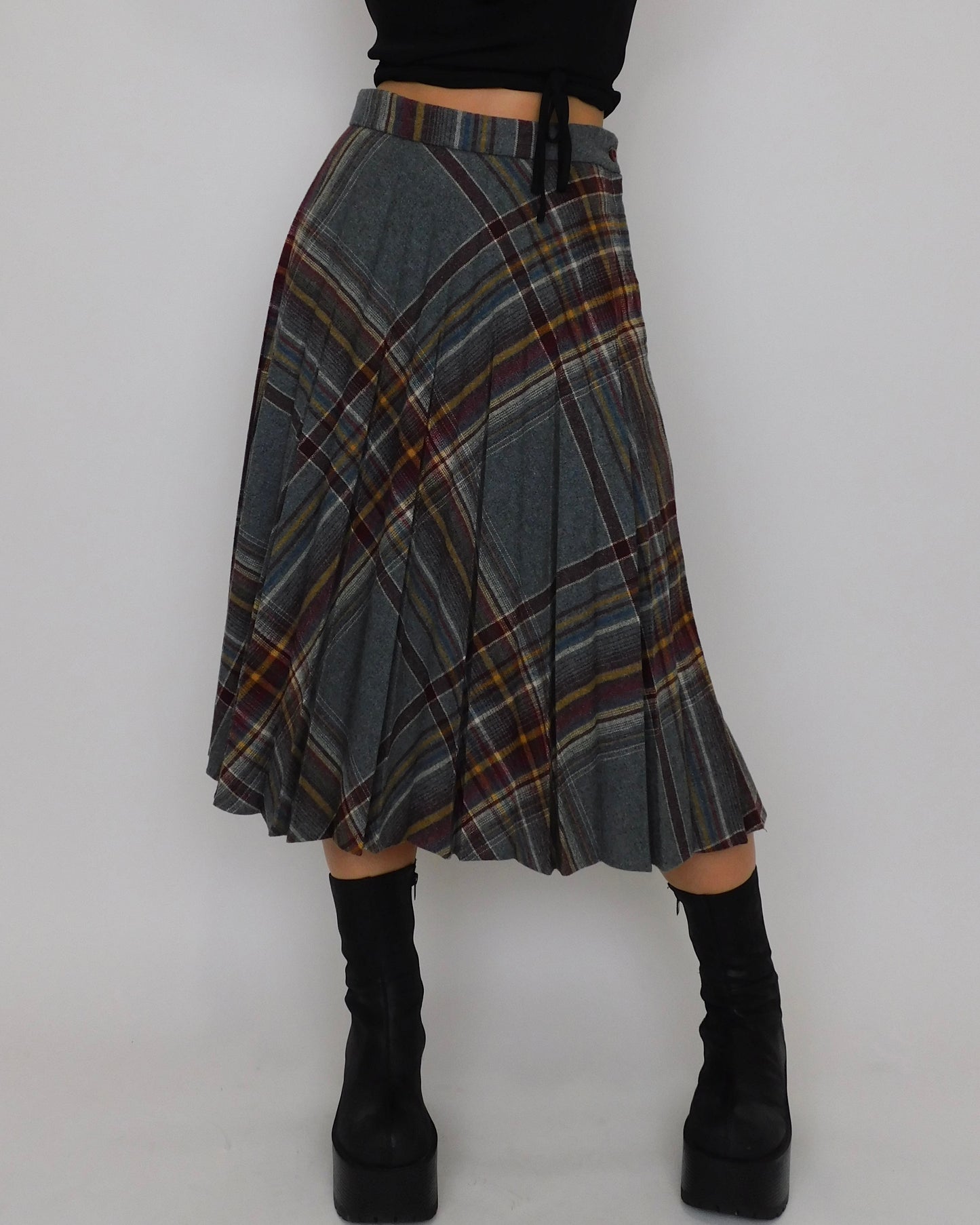 Vintage Burgundy Plaid Midi Skirt | 28” waist