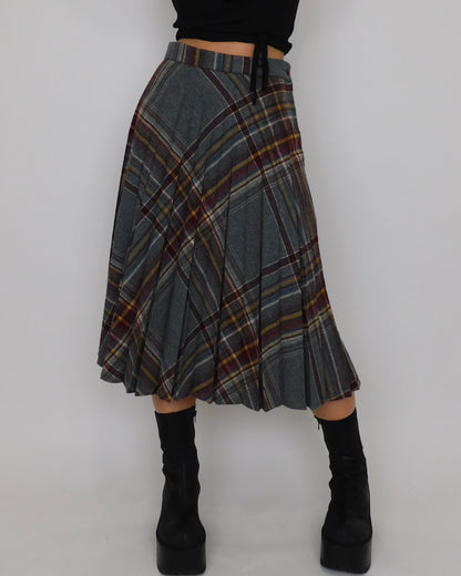 Vintage Burgundy Plaid Midi Skirt | 28” waist