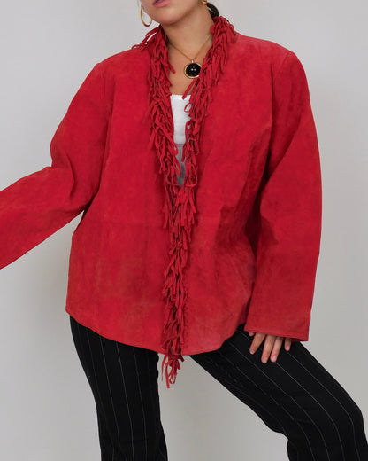 Red Fringe Leather Jacket | Size XL