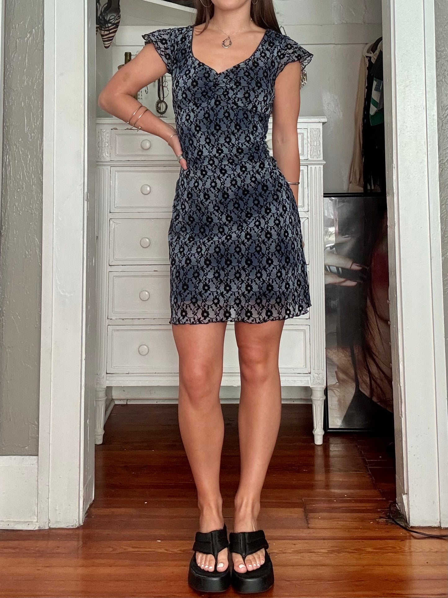 Mesh 90's Lace Print Dress | Size M